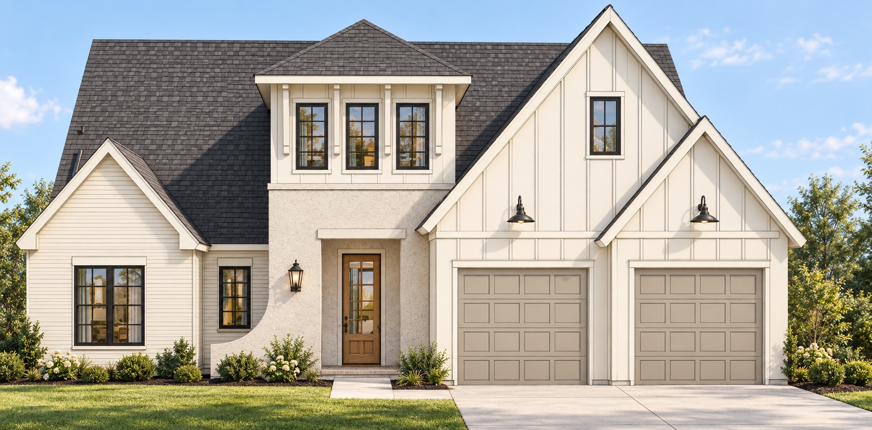 Color concept rendering of Plan 2502 with warm white siding, a charcoal roof, dark windows, an oak-toned entry door, and two garage doors.